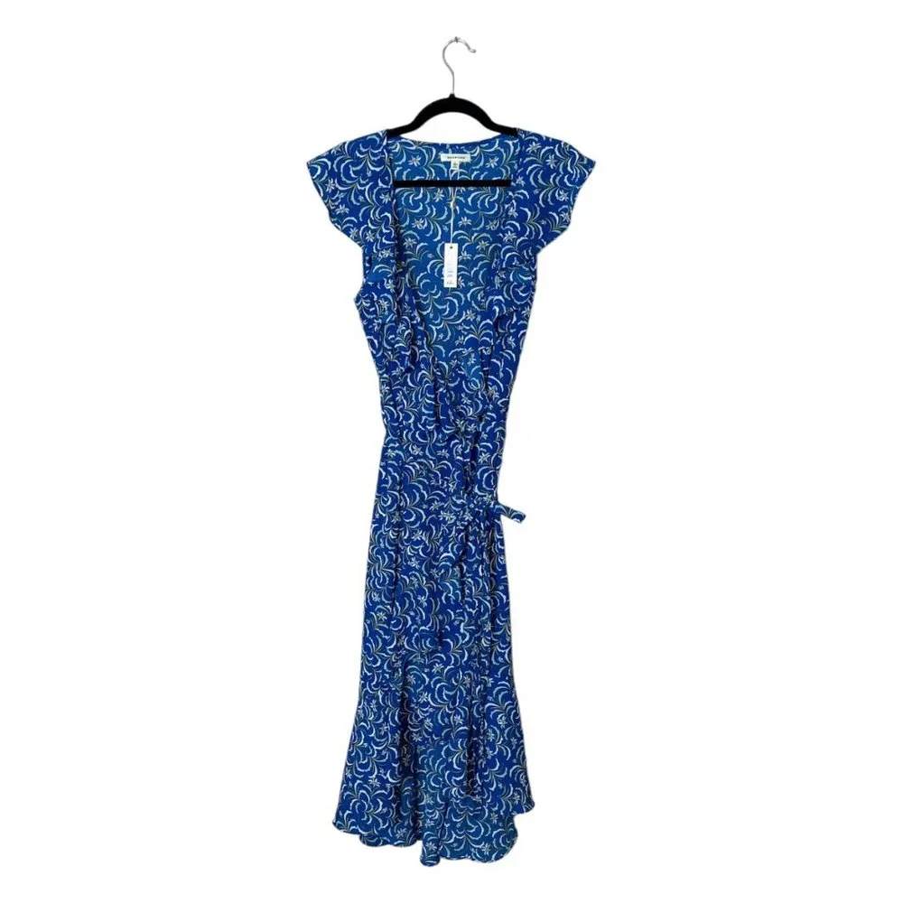 MAX STUDIO Blue Floral Patterned Ruffle Wrap Midi Dress Size L